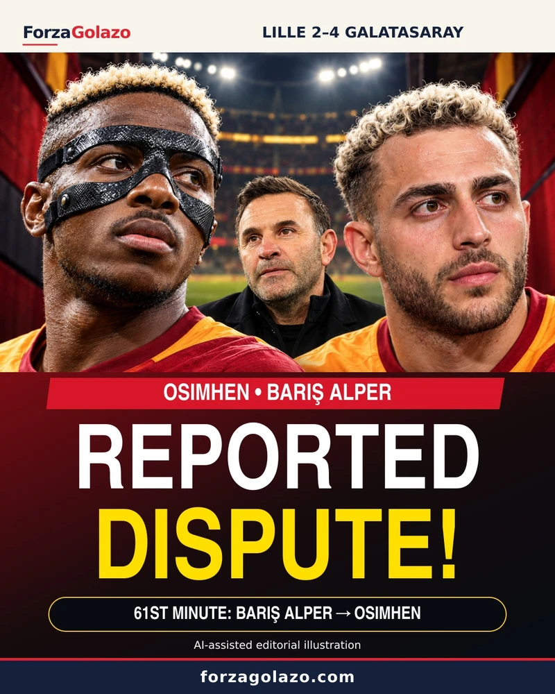 AI-assisted editorial illustration of Victor Osimhen, Barış Alper Yılmaz ve Okan Buruk. Not a match photograph or official club image.